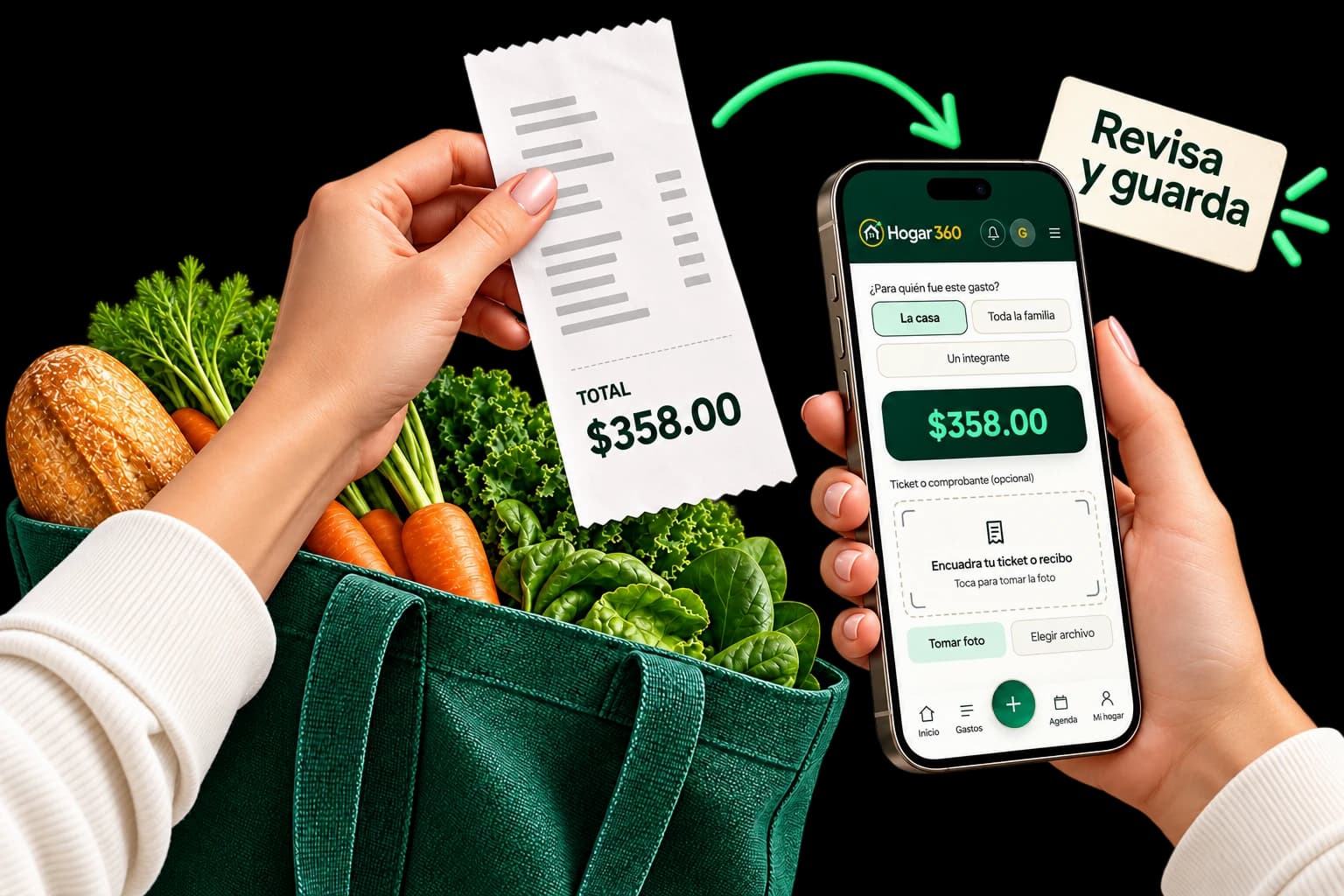 Manos sosteniendo un ticket de $358 y un teléfono con el registro de gastos integrado en la escena.