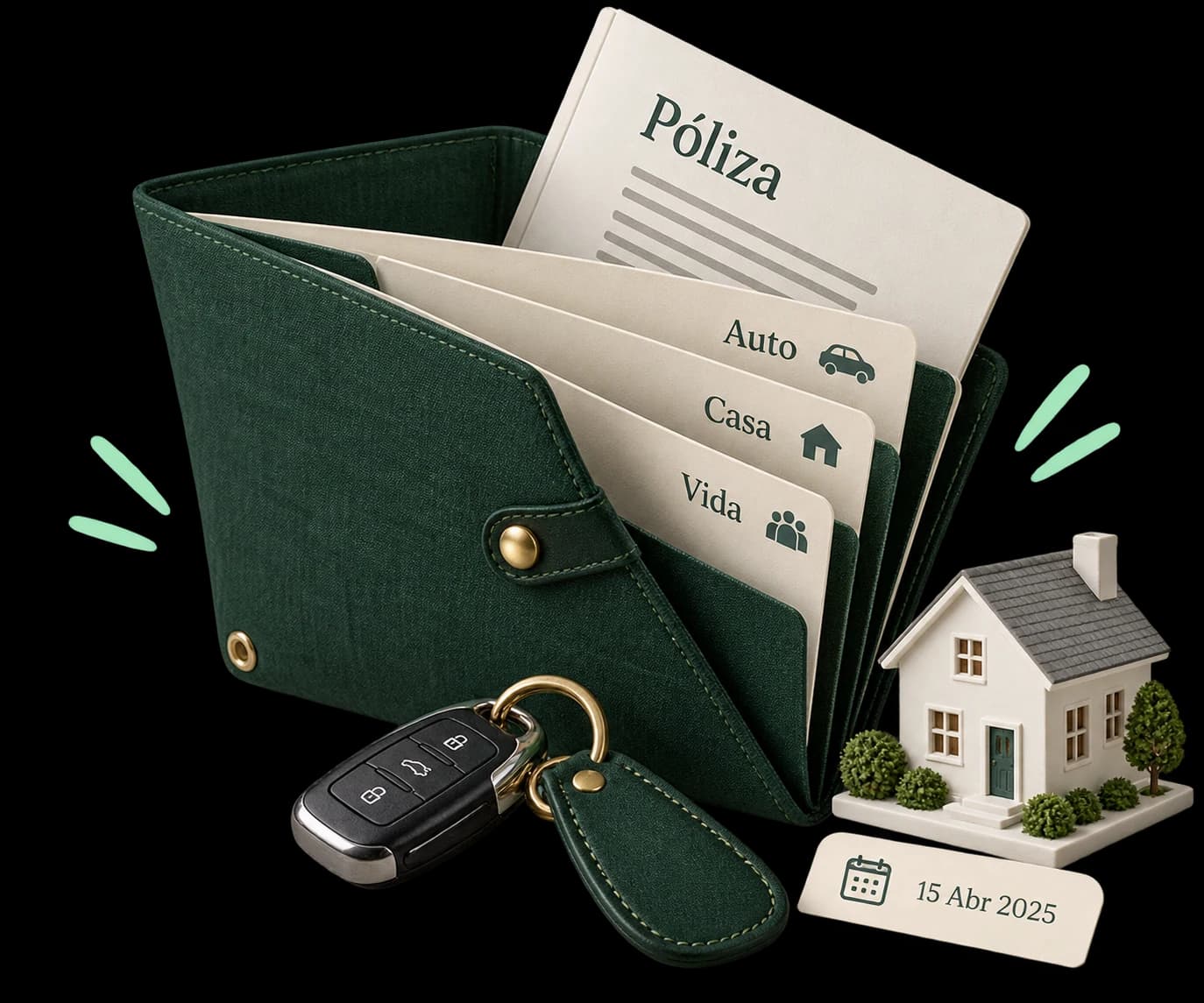 Carpeta de seguros junto a documentos y llaves del hogar.